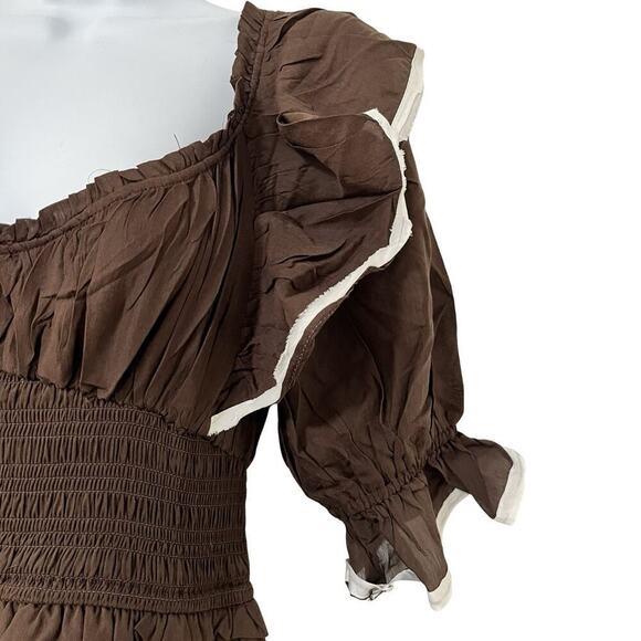 Anthropologie Puff Sleeve Tiered Maxi Dress Size S Brown Smocked Prairie NEW - Picture 5 of 9